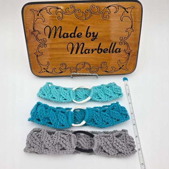 3-Piece Crochet Headband Set – Handmade Stretch Hairbands in Aqua, Teal & Gray - Picture 1 of 5